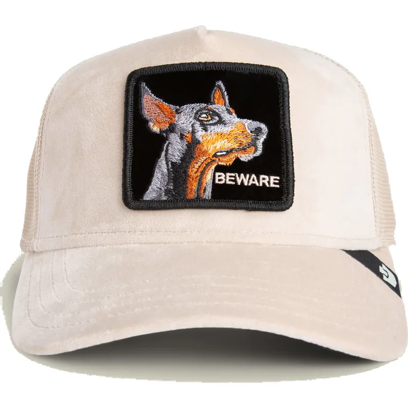 trucker-cap-beige-hund-dobermann-beware-doberman-velour-the-farm-von-goorin-bros