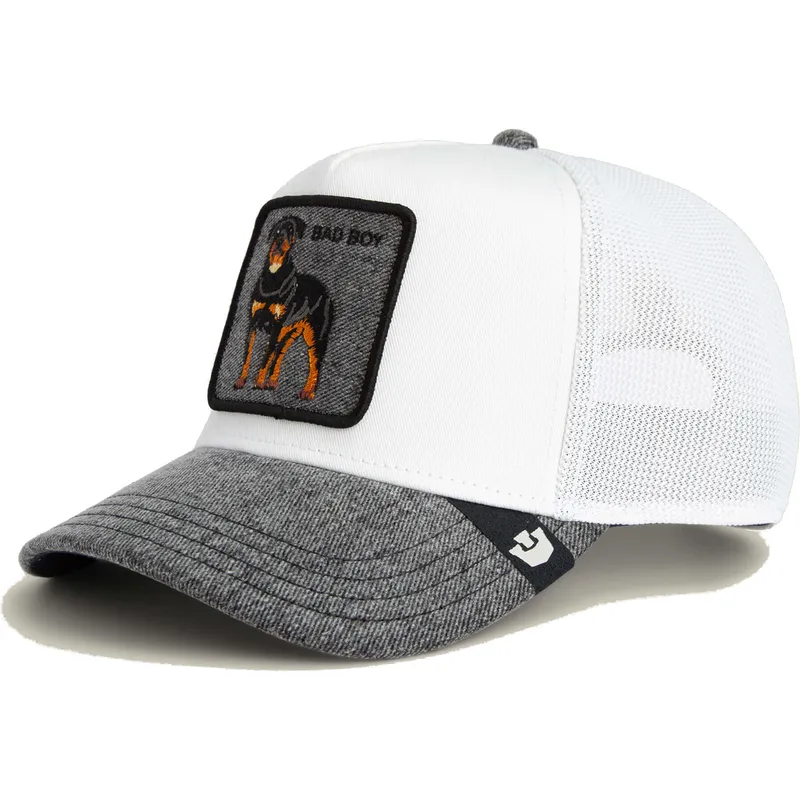 trucker-cap-weiss-und-grau-hund-rottweiler-bad-boy-denim-the-farm-von-goorin-bros