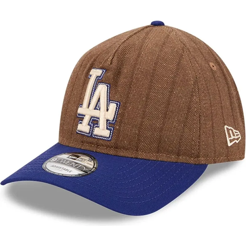 braune-und-blaue-verstellbare-curved-cap-9twenty-a-frame-wool-pinstripe-der-los-angeles-dodgers-mlb-von-new-era