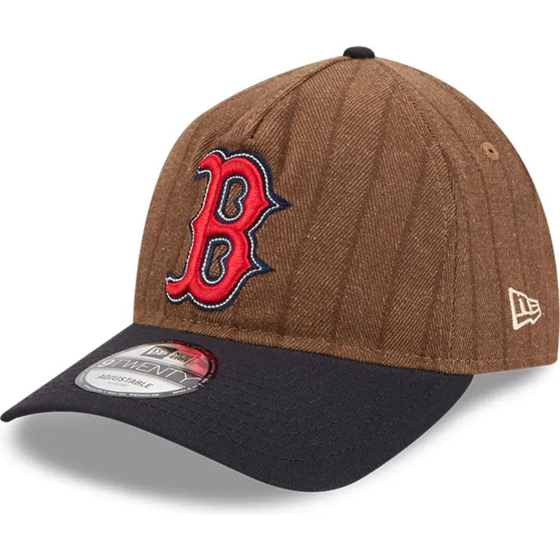 braune-und-marineblaue-verstellbare-curved-cap-9twenty-a-frame-wool-pinstripe-der-boston-red-sox-mlb-von-new-era