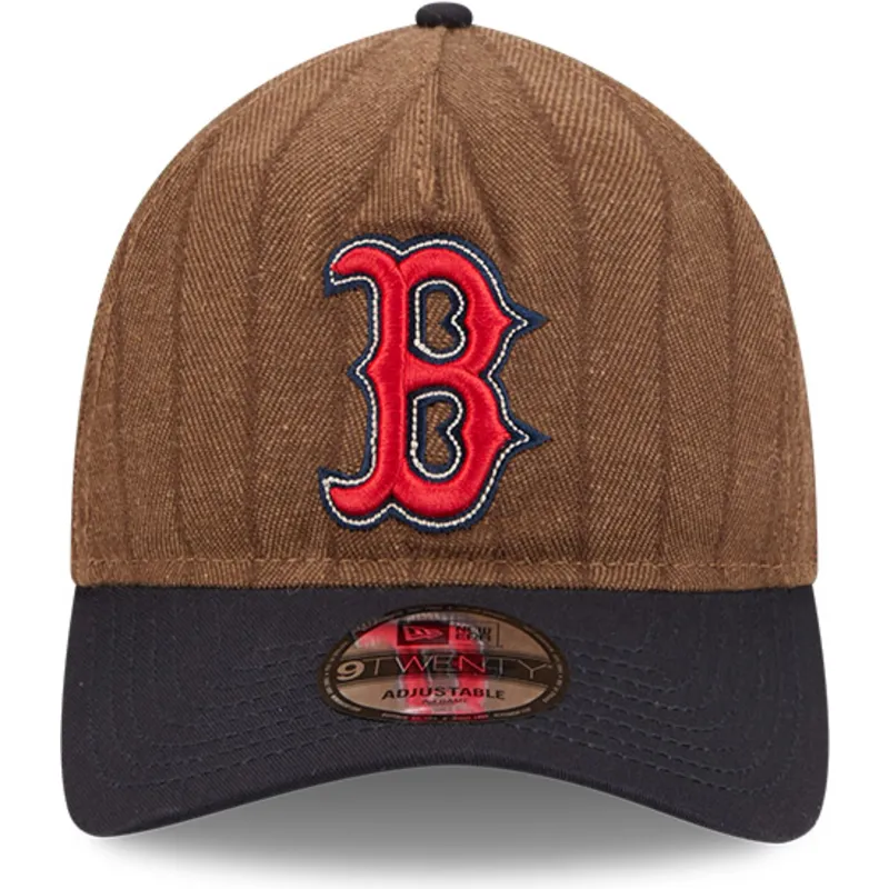 braune-und-marineblaue-verstellbare-curved-cap-9twenty-a-frame-wool-pinstripe-der-boston-red-sox-mlb-von-new-era