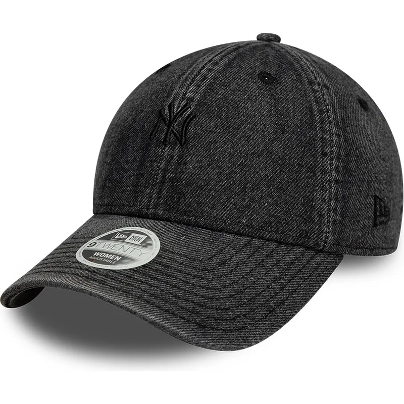 schwarze-gebogene-verstellbare-damenkappe-9twenty-denim-der-new-york-yankees-mlb-von-new-era