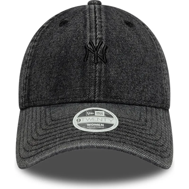 schwarze-gebogene-verstellbare-damenkappe-9twenty-denim-der-new-york-yankees-mlb-von-new-era