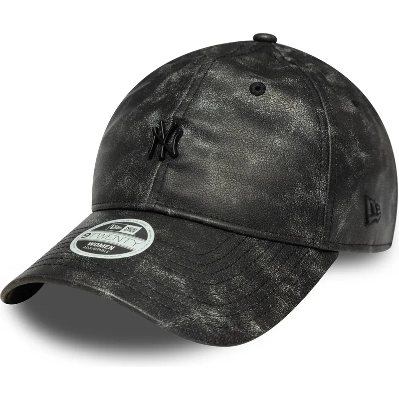 schwarze-gebogene-verstellbare-damenkappe-mit-schwarzem-logo-9twenty-worn-pu-der-new-york-yankees-mlb-von-new-era