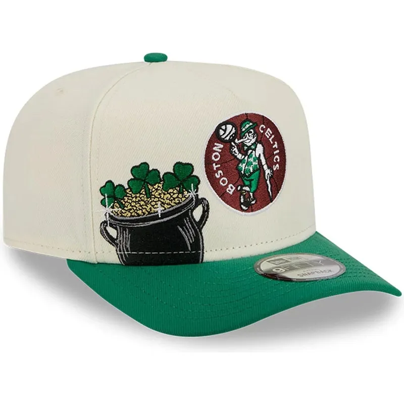 beige-und-grune-gebogene-snapback-kappe-9fifty-a-frame-precurved-hardwood-classics-der-boston-celtics-nba-von-new-era