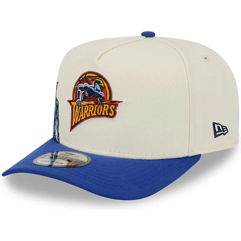 beige-und-blaue-gebogene-snapback-kappe-9fifty-a-frame-precurved-hardwood-classics-von-golden-state-warriors-nba-von-new-era