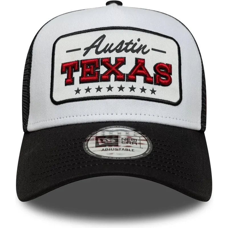 casquette-trucker-blanche-et-noire-a-frame-location-austin-villes-et-plages-texas-new-era