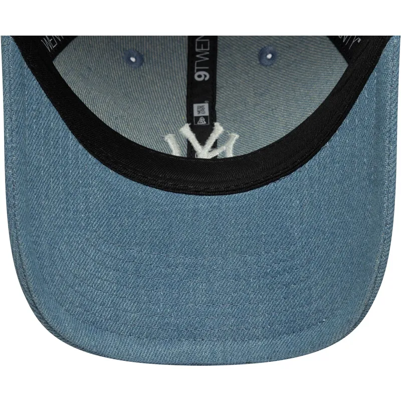 blaue-gebogene-verstellbare-damenkappe-9twenty-denim-stitch-der-new-york-yankees-mlb-von-new-era