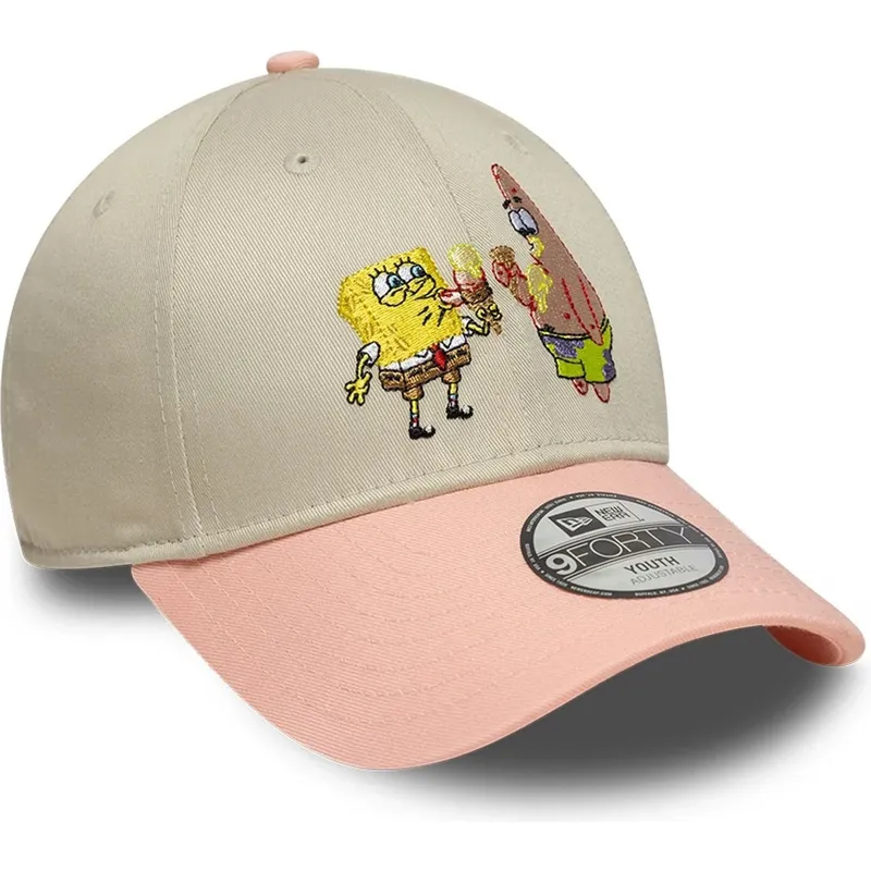 casquette-courbee-beige-et-rose-snapback-pour-enfant-9forty-bob-l-eponge-et-patrick-etoile-mer-new-era