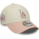 casquette-courbee-beige-et-rose-ajustable-avec-logo-rose-9forty-world-series-patch-los-angeles-dodgers-mlb-new-era