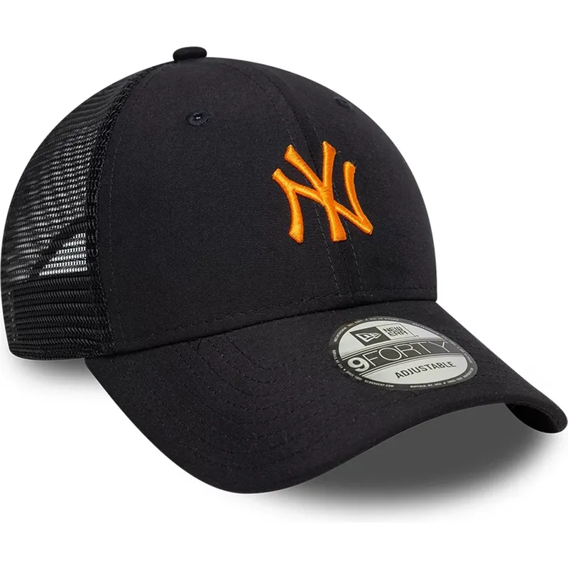 marineblaue-verstellbare-trucker-kappe-mit-orangefarbenem-logo-9forty-homefield-midi-der-new-york-yankees-mlb-von-new-era