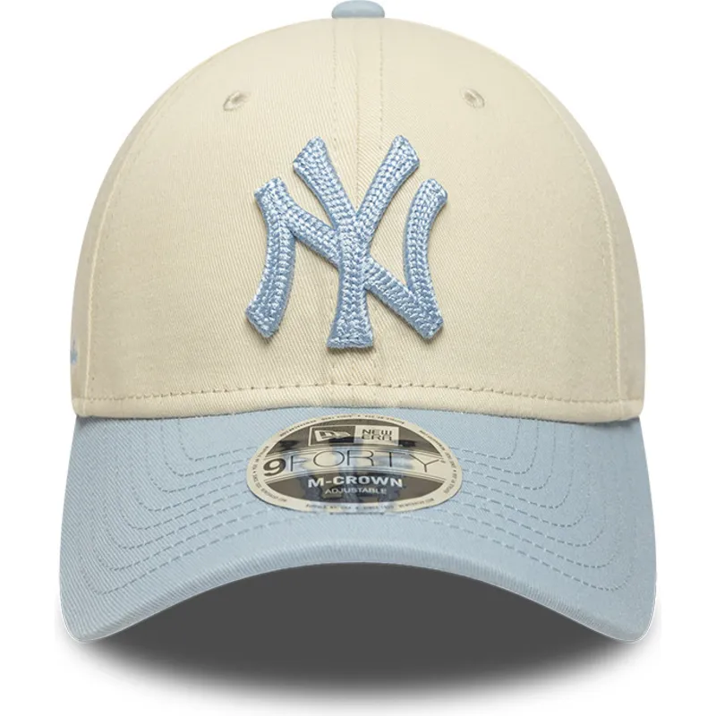 casquette-courbee-beige-et-bleue-snapback-avec-logo-bleu-9forty-m-crown-side-script-new-york-yankees-mlb-new-era