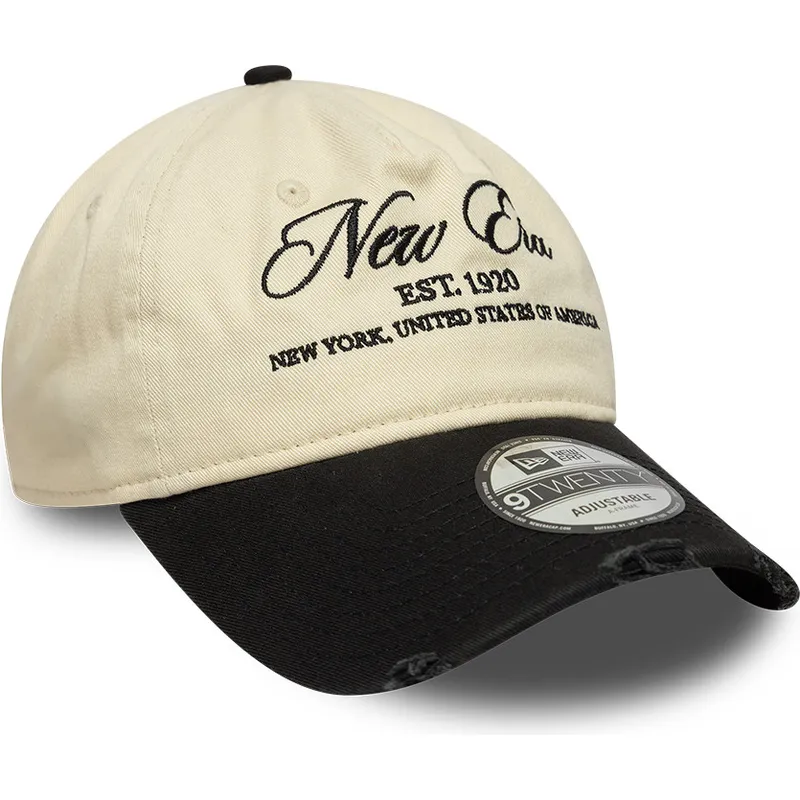casquette-courbee-beige-et-noire-ajustable-9twenty-wash-distress-a-frame-new-era
