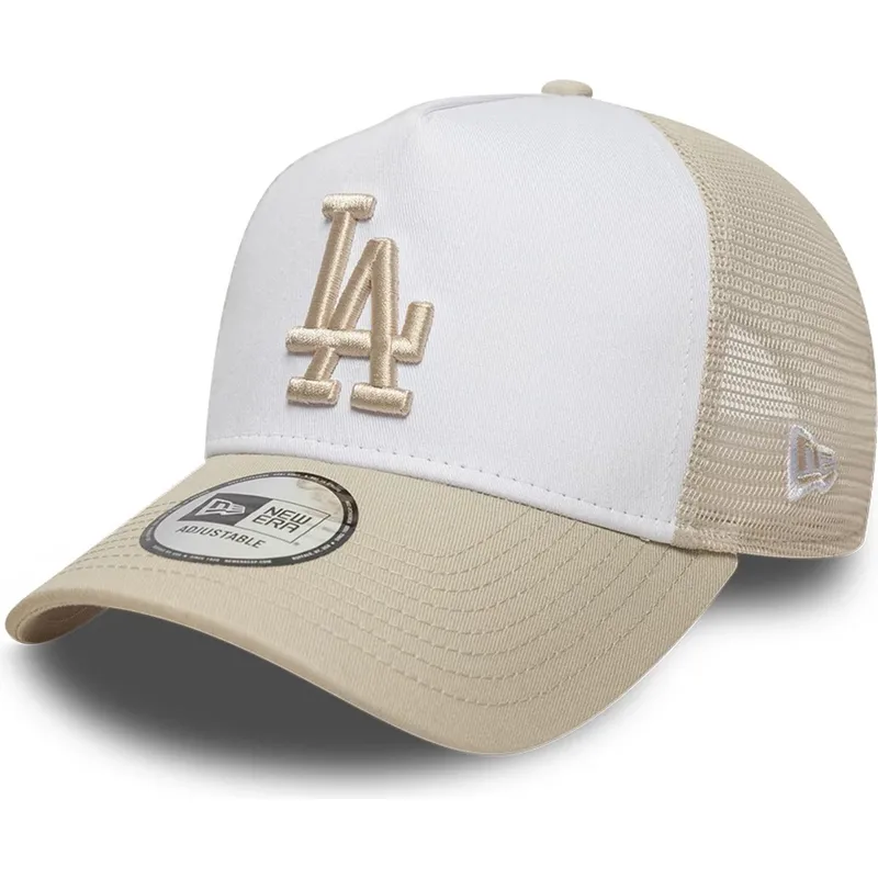 beige-und-weisse-trucker-kappe-mit-beigem-logo-a-frame-league-essential-der-los-angeles-dodgers-mlb-von-new-era