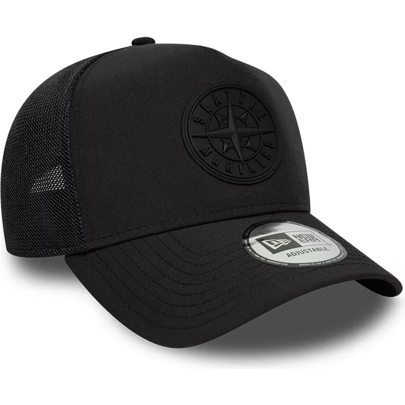 schwarze-trucker-kappe-mit-schwarzem-logo-a-frame-sport-der-seattle-mariners-mlb-von-new-era