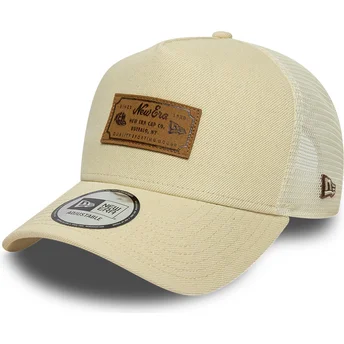 Casquette trucker beige A Frame Denim Leather Patch New Era