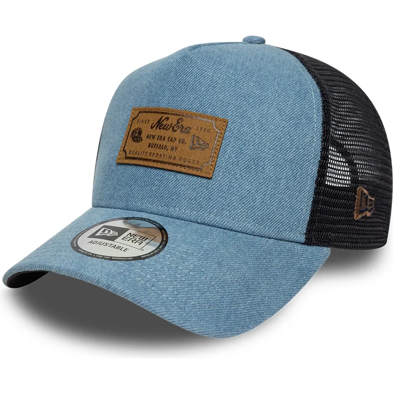 trucker-cap-blau-a-frame-denim-leather-patch-von-new-era trucker-cap-blau-a-frame-denim-leather-patch-von-new-era