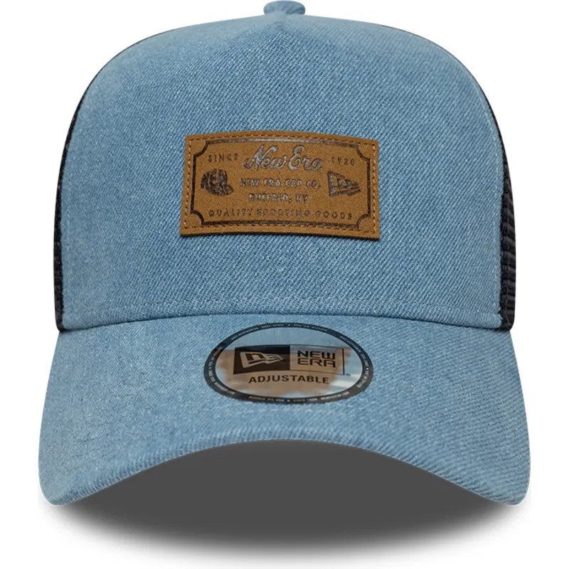 trucker-cap-blau-a-frame-denim-leather-patch-von-new-era trucker-cap-blau-a-frame-denim-leather-patch-von-new-era