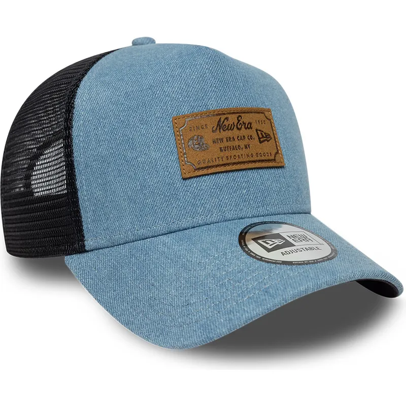 trucker-cap-blau-a-frame-denim-leather-patch-von-new-era trucker-cap-blau-a-frame-denim-leather-patch-von-new-era