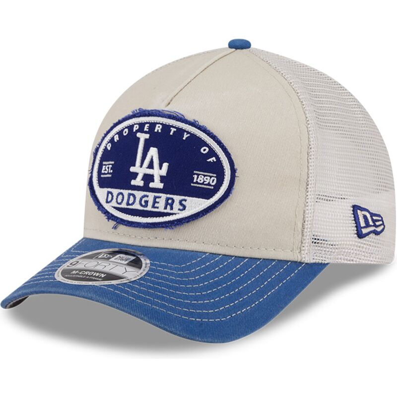 casquette-trucker-beige-et-bleue-9forty-m-crown-a-frame-fray-los-angeles-dodgers-mlb-new-era