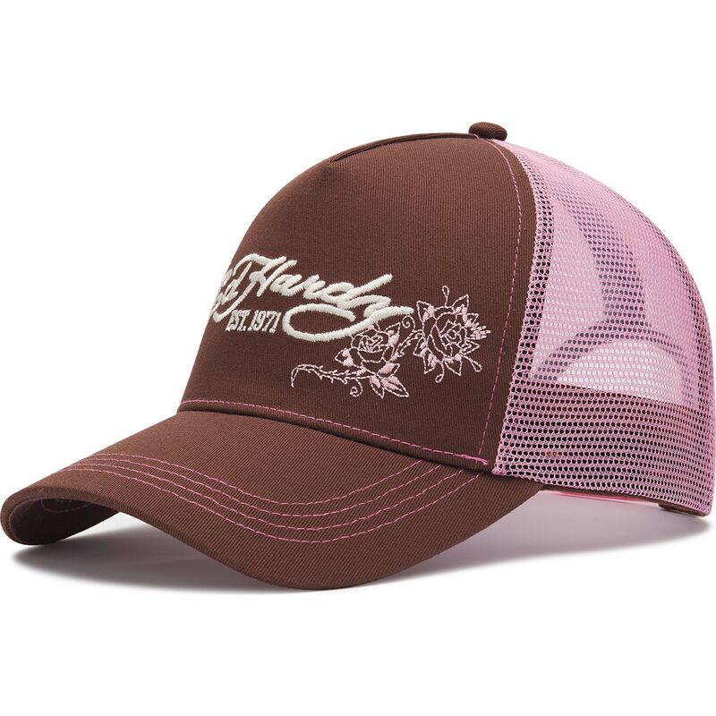 mutzen-gebogen-braun-snapback-rosa-skull-and-roses-von-ed-hardy