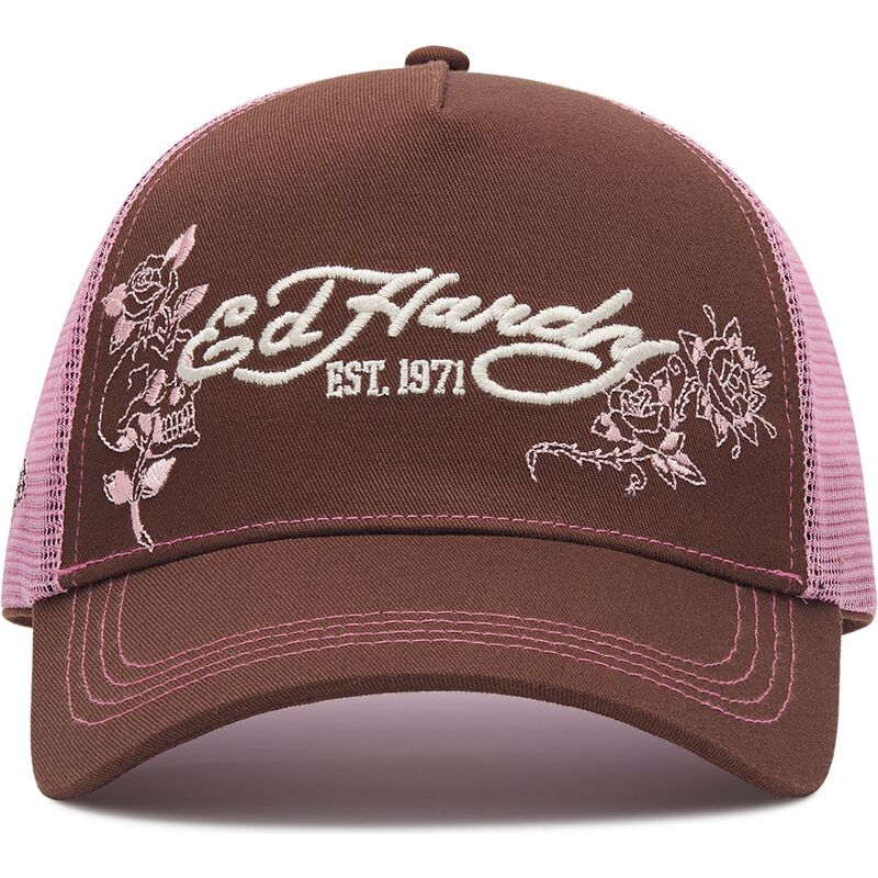 casquette-trucker-marron-et-rose-skull-and-roses-ed-hardy
