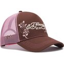 casquette-trucker-marron-et-rose-skull-and-roses-ed-hardy