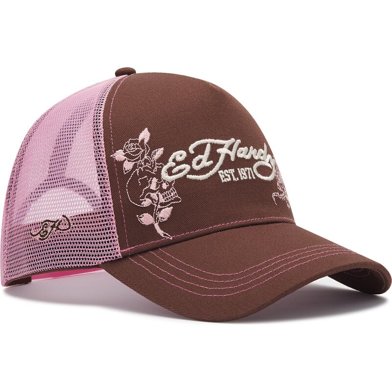 mutzen-gebogen-braun-snapback-rosa-skull-and-roses-von-ed-hardy