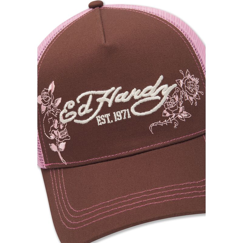 mutzen-gebogen-braun-snapback-rosa-skull-and-roses-von-ed-hardy