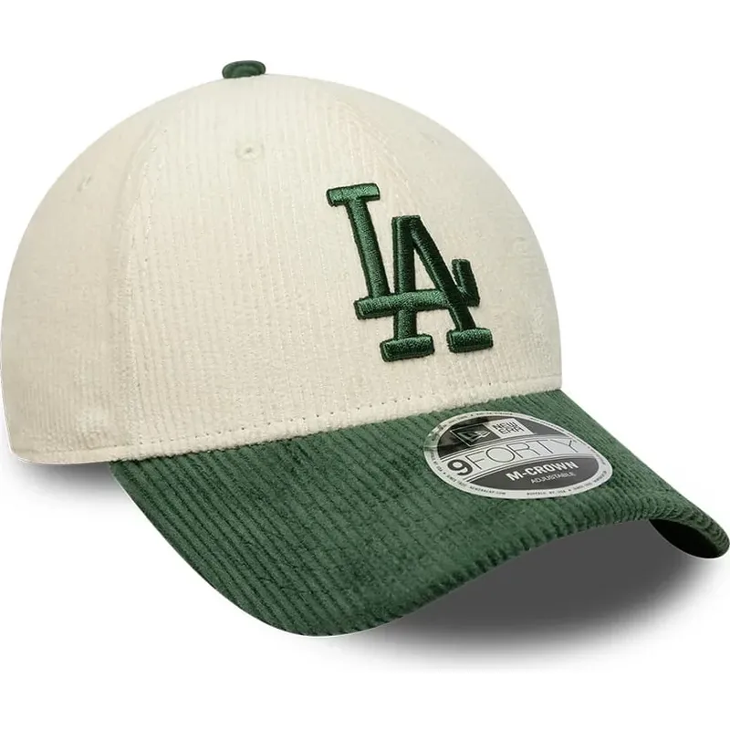 casquette-courbee-beige-et-verte-snapback-avec-logo-vert-9forty-m-crown-cord-los-angeles-dodgers-mlb-new-era