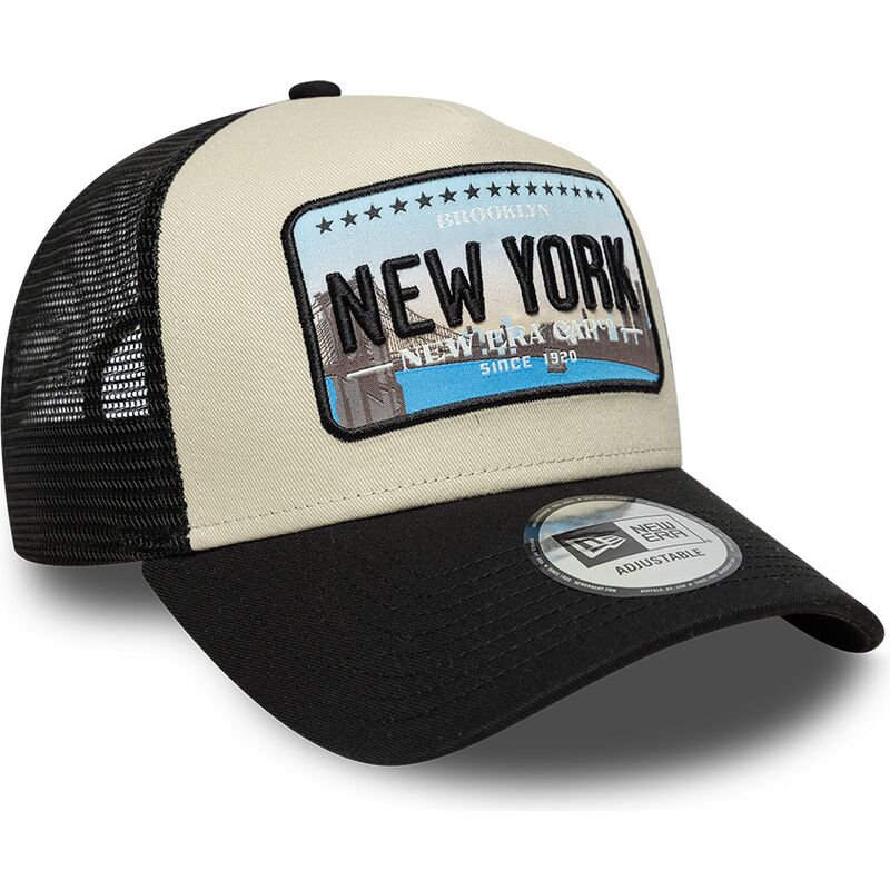 casquette-trucker-noire-et-beige-a-frame-license-plate-new-york-new-era