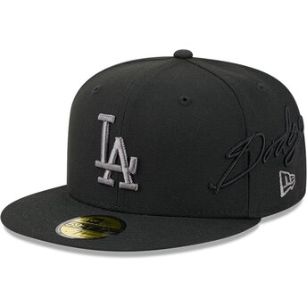 Casquette plate noire ajustée avec logo grise 59FIFTY Side Script Los Angeles Dodgers MLB New Era
