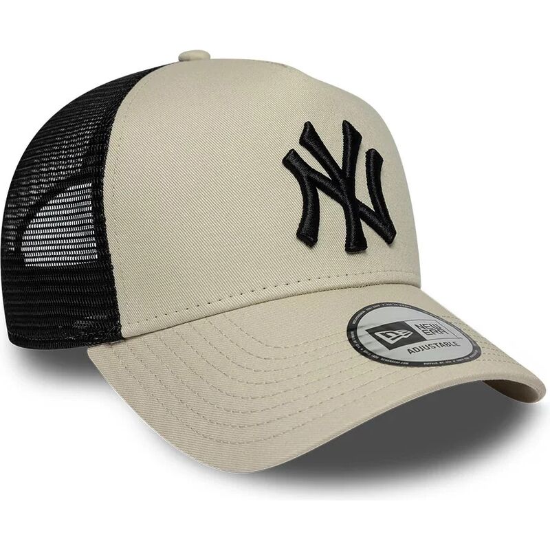 casquette-trucker-beige-et-noire-avec-logo-noir-a-frame-league-essential-new-york-yankees-mlb-new-era