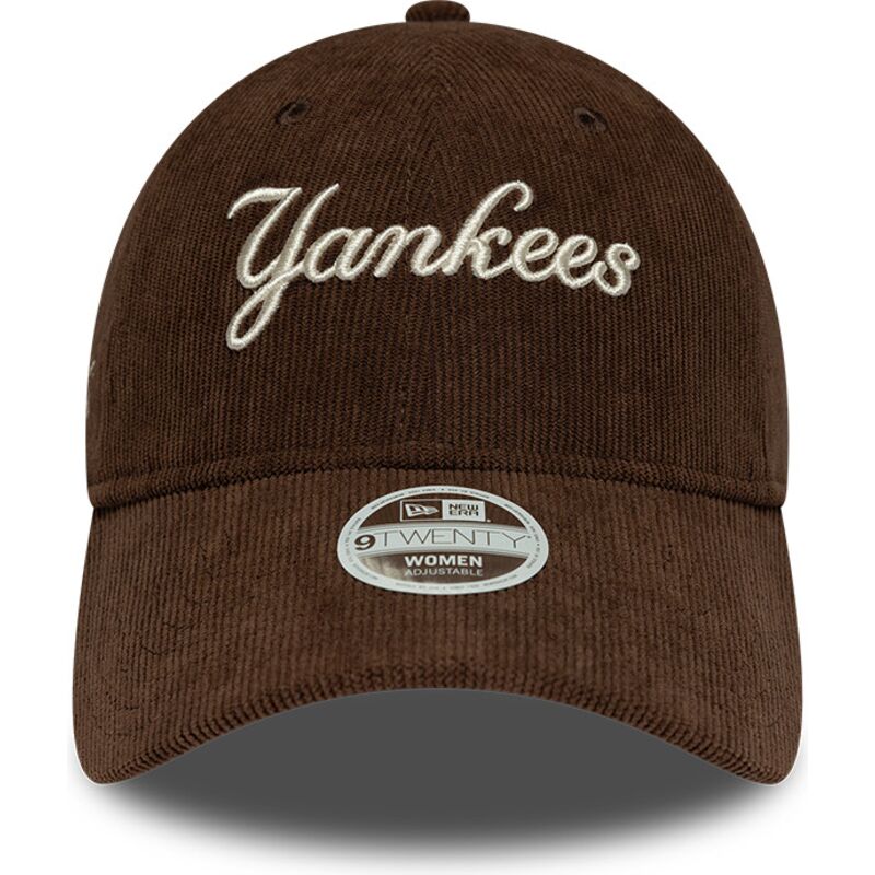 mutzen-gebogen-braun-verstellbares-band-9twenty-cord-script-der-new-york-yankees-mlb-von-new-era