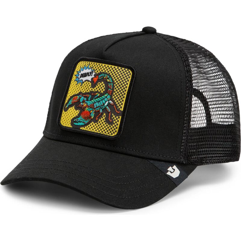 mutzen-gebogen-schwarz-snapback-deadly-scorpion-pop-art-strikes-back-the-farm-goorin-bros