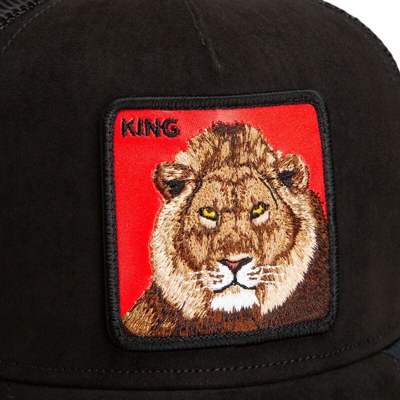 casquette-trucker-noire-et-rouge-lion-re-lionne-rosso-microsuede-king-the-farm-goorin-bros