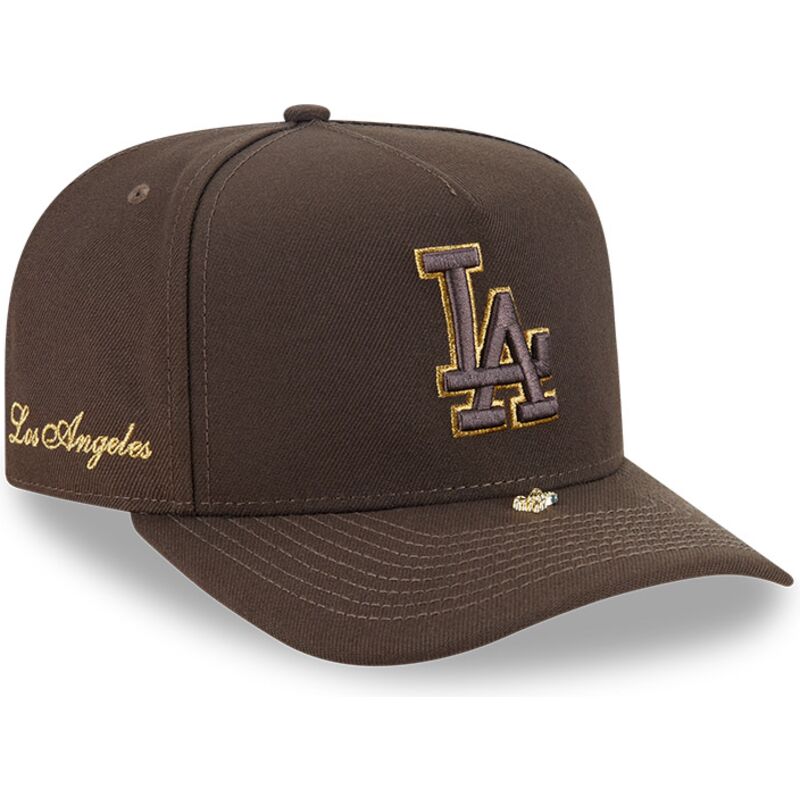 mutzen-gebogen-braun-snapback-9fifty-a-frame-precurved-visor-pin-der-los-angeles-dodgers-mlb-von-new-era